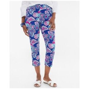 CHICO'S Blue Pink Floral Paisley Luxe Cropped Utility Cargo Zip Pants Petite 14